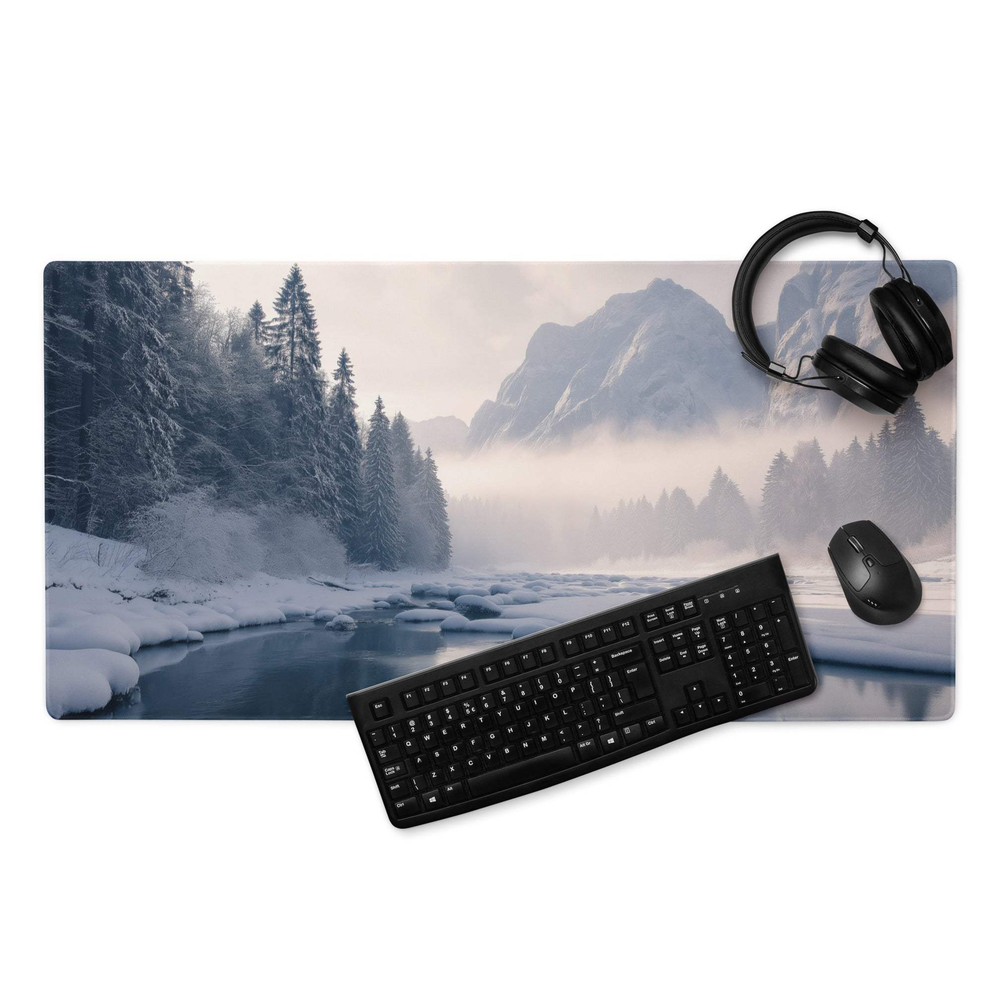 Serene winter mountain gaming mouse pad with snowy landscape, river, trees, non-slip backing