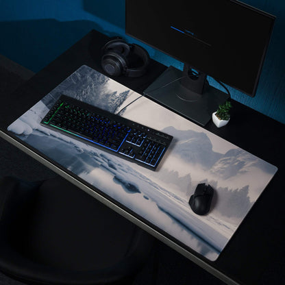 Serene Winter Mountain grayscale gaming mouse pad, large non-slip