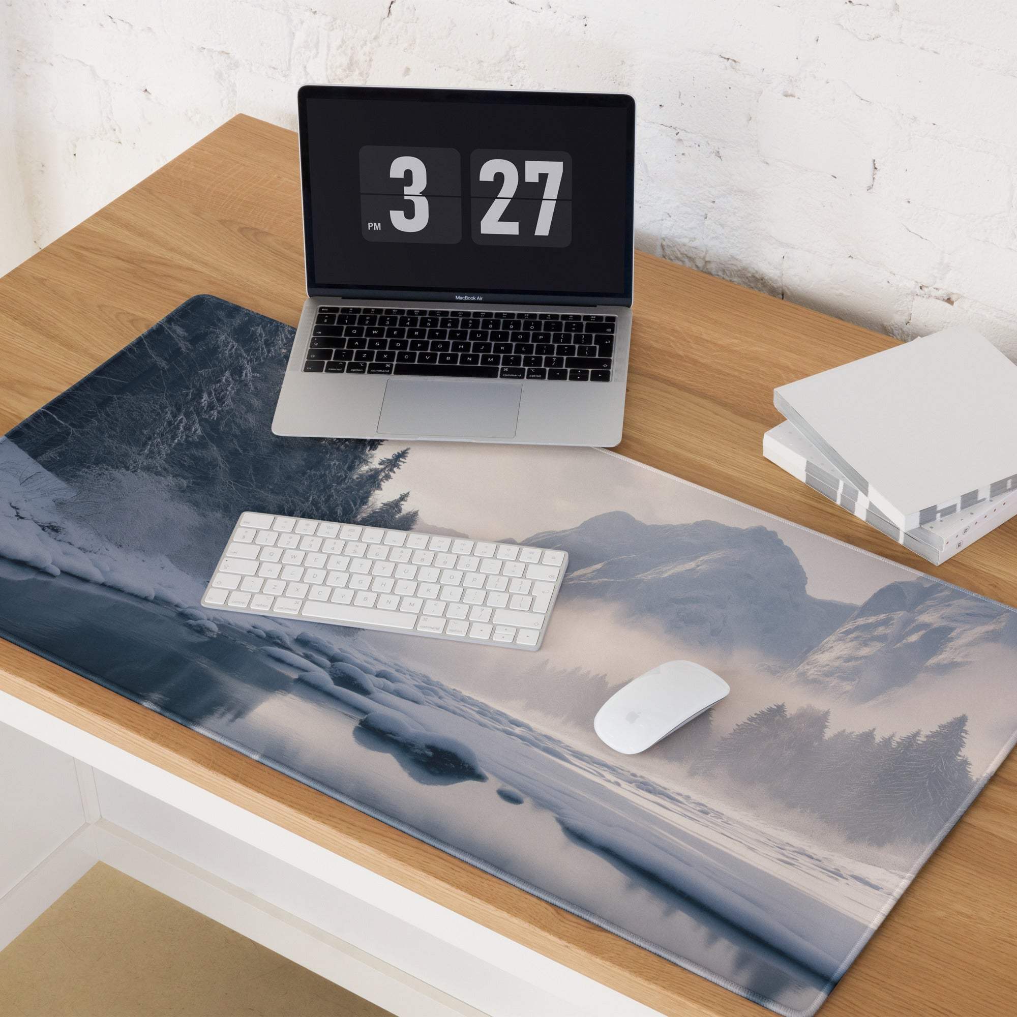 Serene winter mountain landscape gaming mouse pad, frosty matte finish