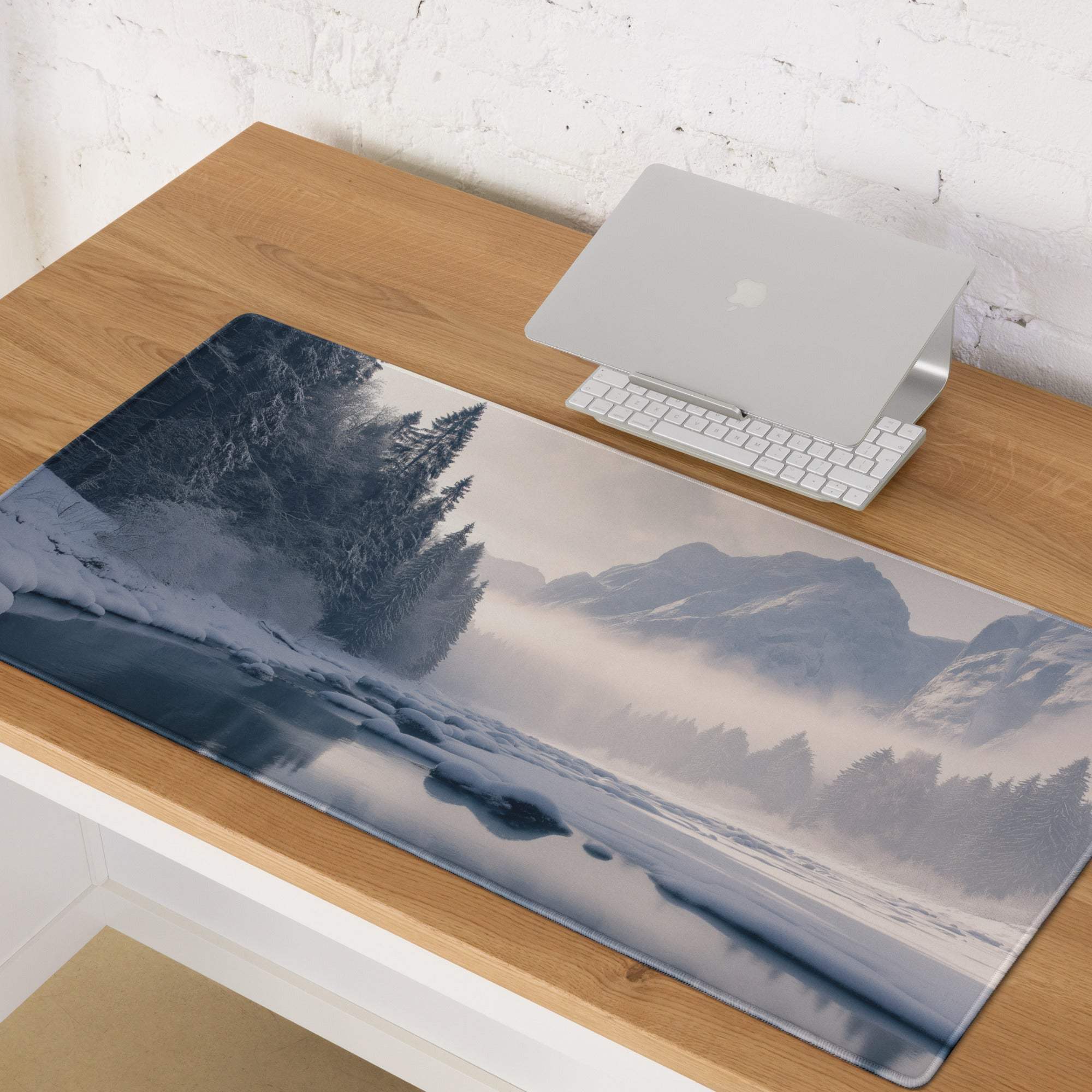 Serene winter mountain gaming mouse pad with frosty matte finish