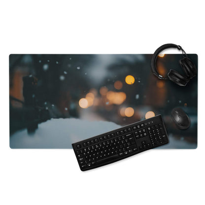 Black keyboard on Moody Midnight Blue gaming mousepad with snowy street bokeh