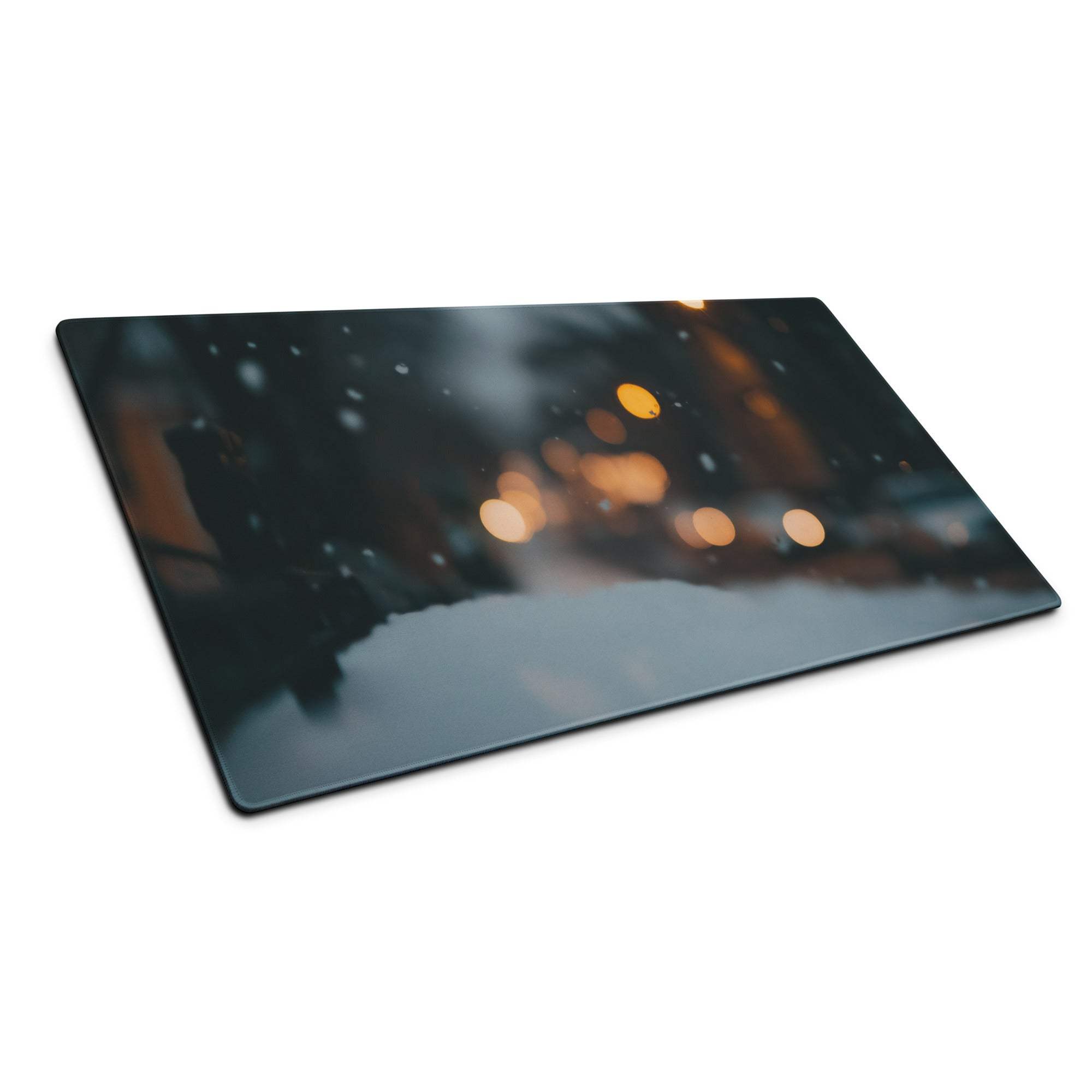 Rectangular glass cutting board with snowy night bokeh lights
