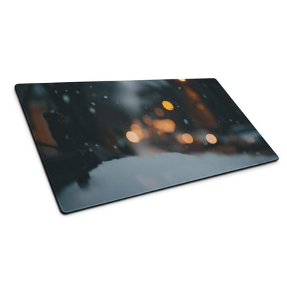 Rectangular glass cutting board with snowy night bokeh lights