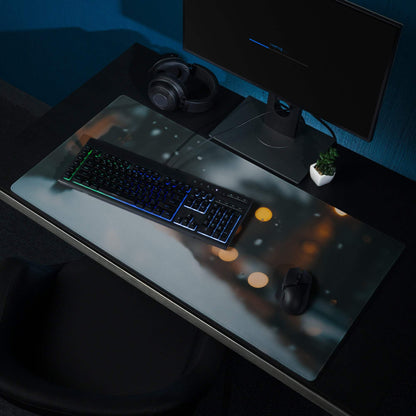 Moody Midnight Blue gaming mouse pad with illuminated cityscape, bokeh lights, snowfall