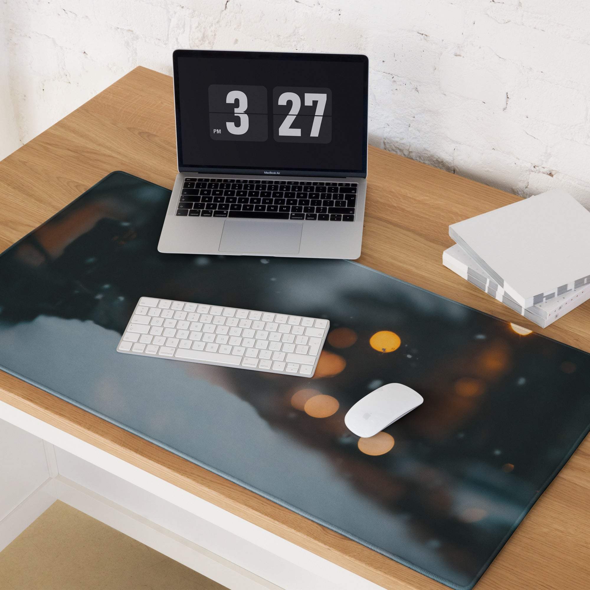 Black and gold bokeh cityscape on Moody Midnight Blue gaming mouse pad