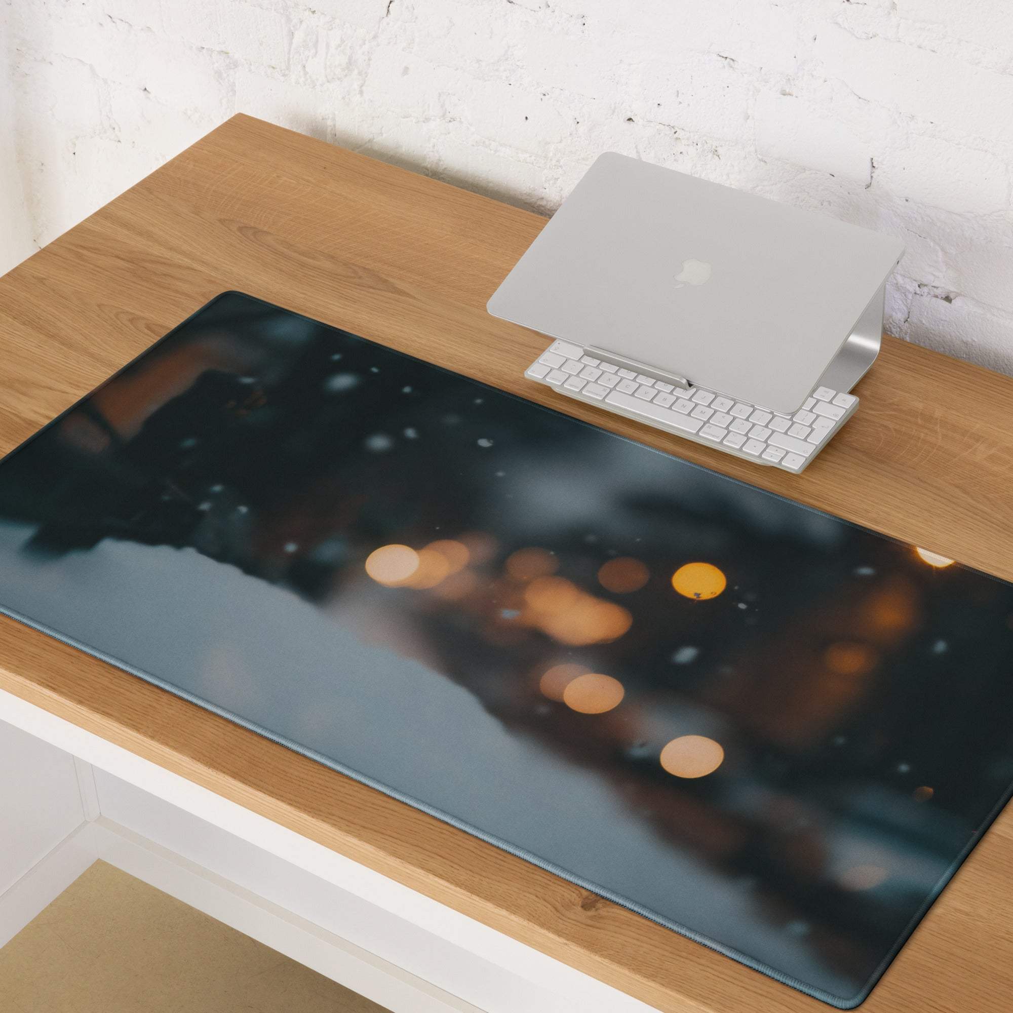 Moody Midnight Blue gaming mouse pad with bokeh lights and non-slip base