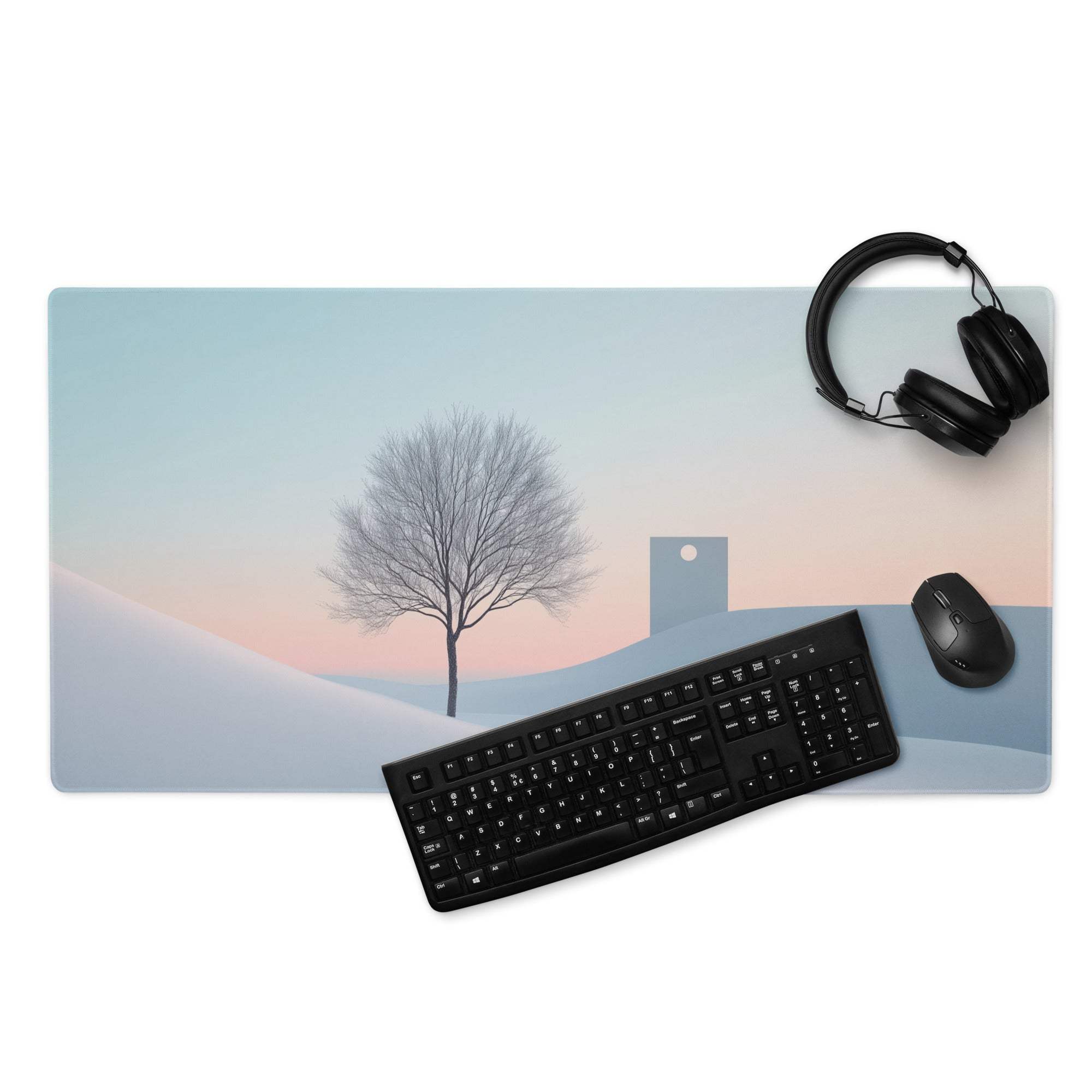 Large pastel winter landscape gaming mouse pad with non-slip base