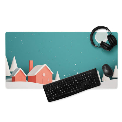 Teal whimsical winter village gaming mouse pad with orange houses and snow trees