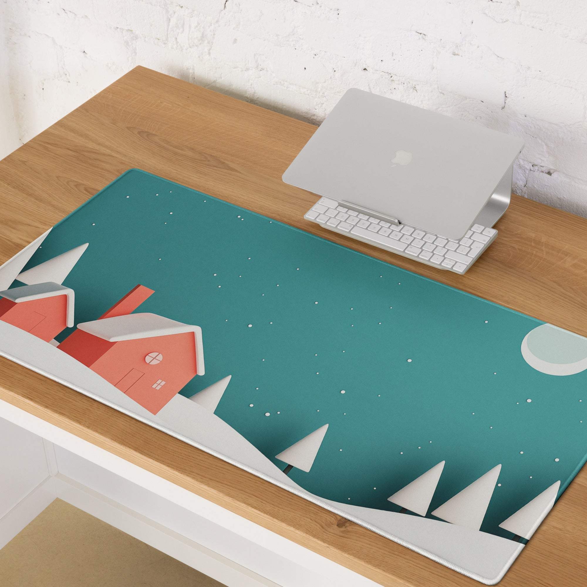 Whimsical Winter Village Teal Sky Scene large gaming mouse pad with non-slip backing