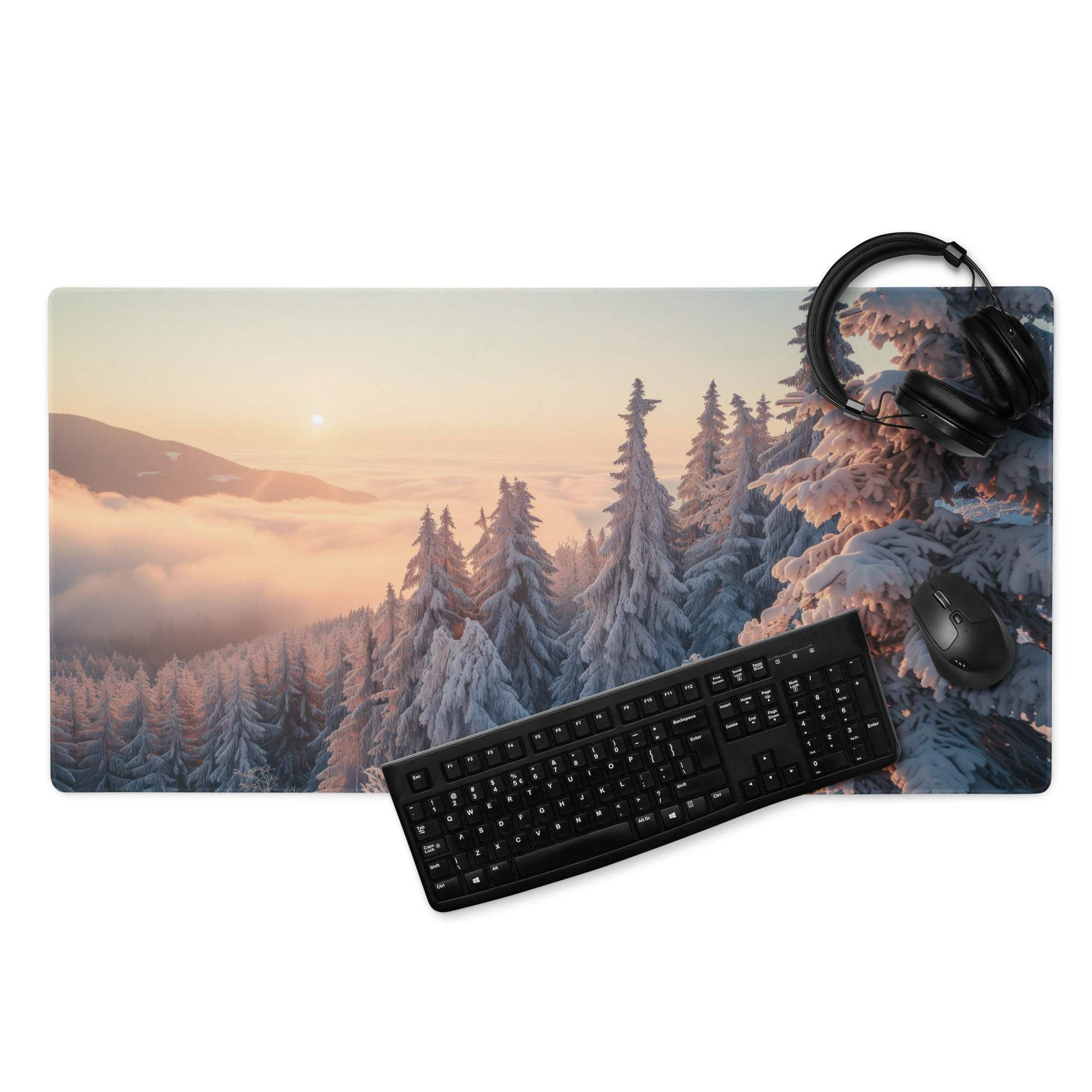 Snow-covered pine trees in soft sunrise glow on large gaming mousepad