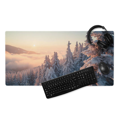 Snow-covered pine trees in soft sunrise glow on large gaming mousepad