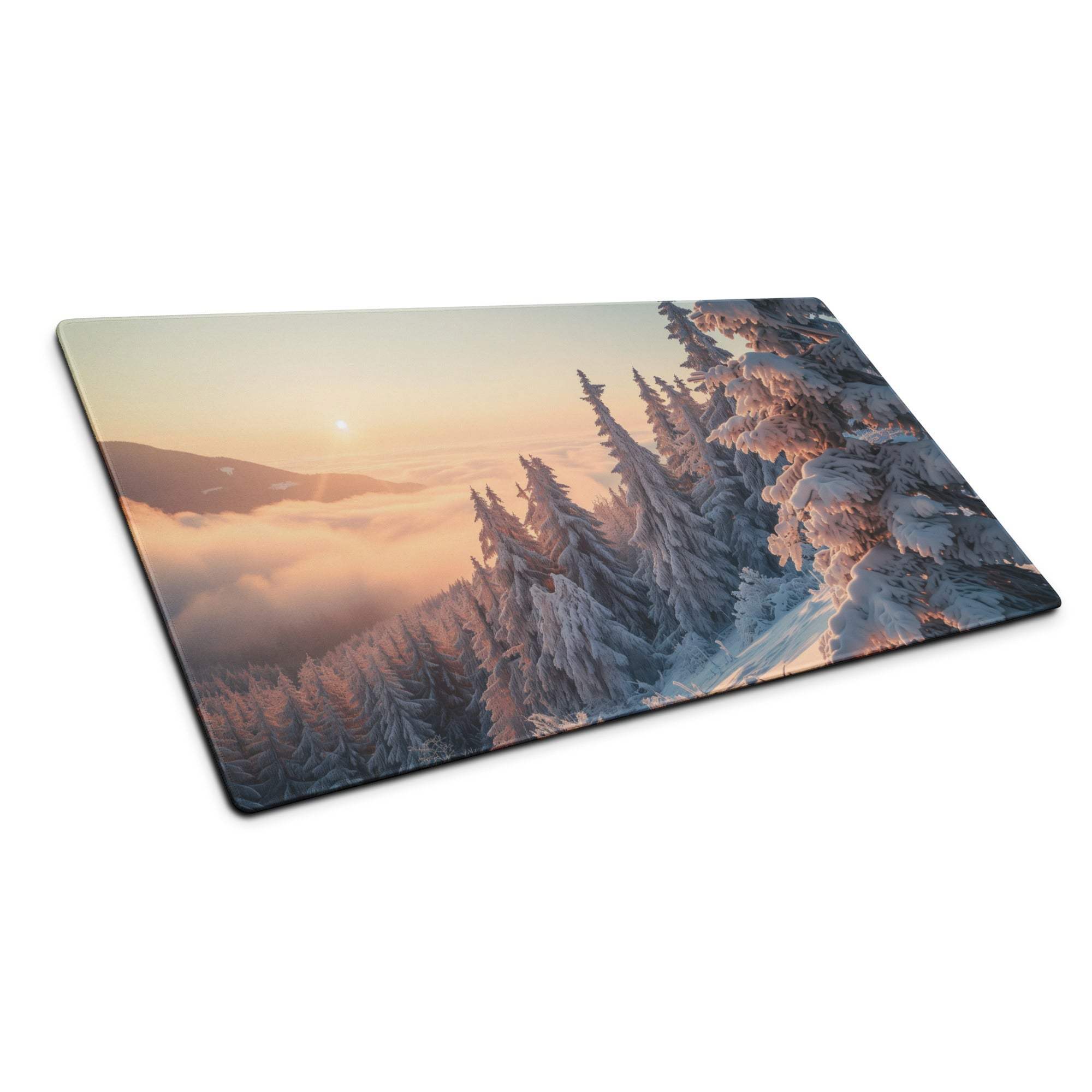 Calm winter sunrise forest gaming mouse pad with misty mountains