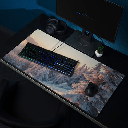 Calm winter sunrise frost-covered forest gaming mousepad, large non-slip