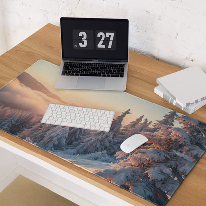 Calm winter sunrise forest gaming mousepad with frosty mountains, pine trees, non-slip base