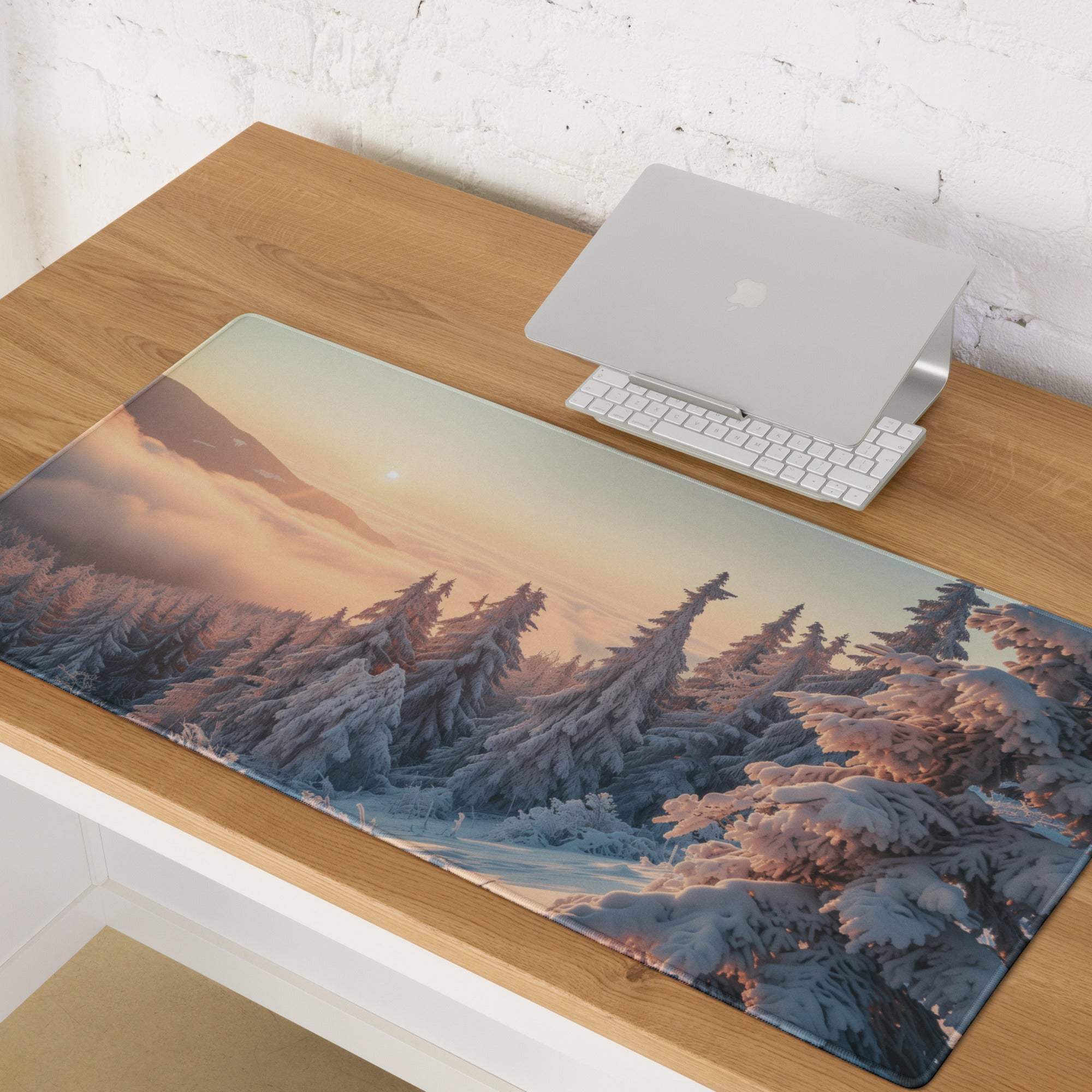 Calm winter sunrise frost-covered pine forest gaming mousepad