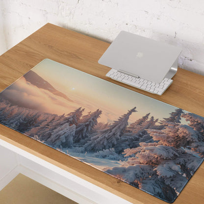Calm winter sunrise frost-covered pine forest gaming mousepad