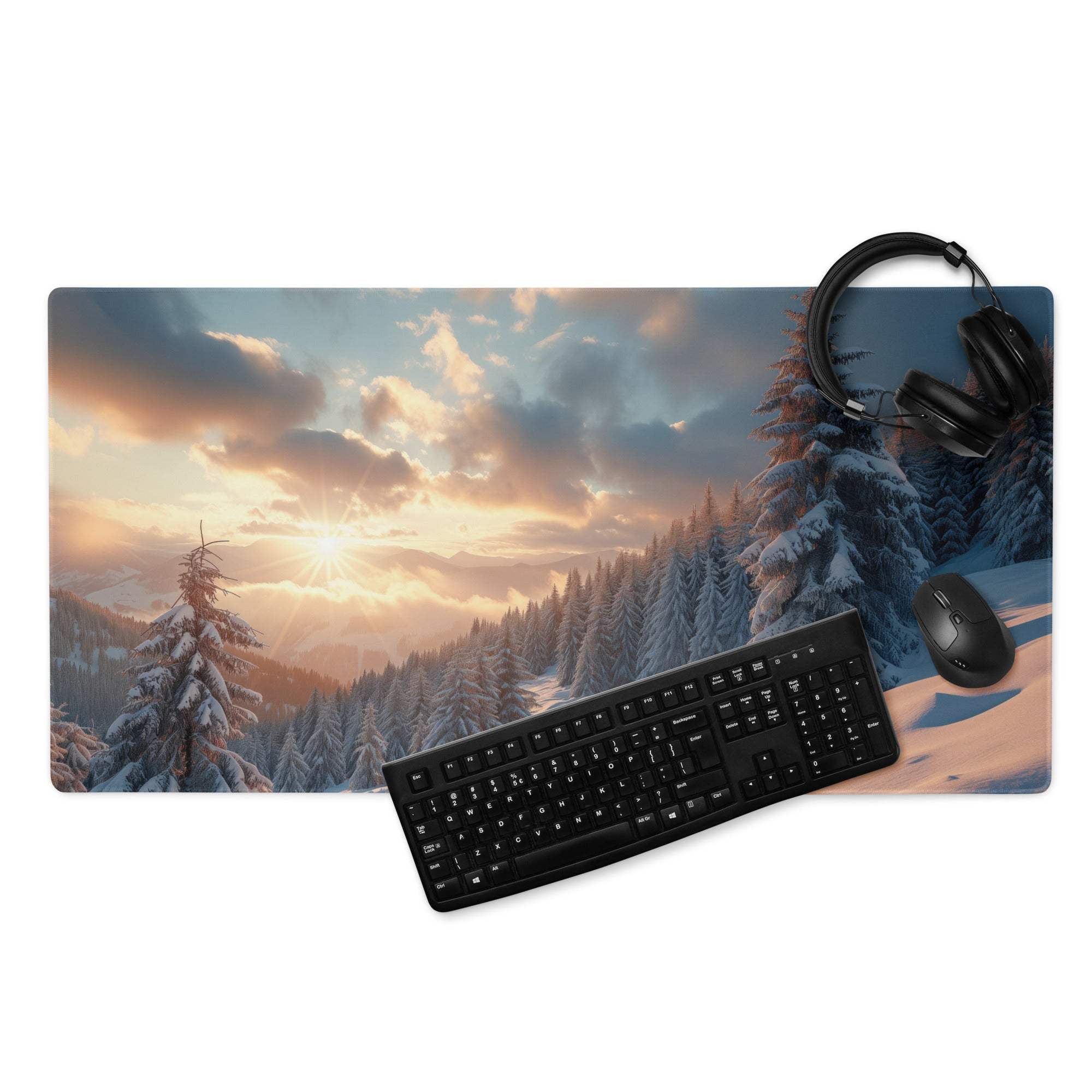 Cinematic winter mountain landscape gaming mouse pad with snowy forest dawn and sunset glow