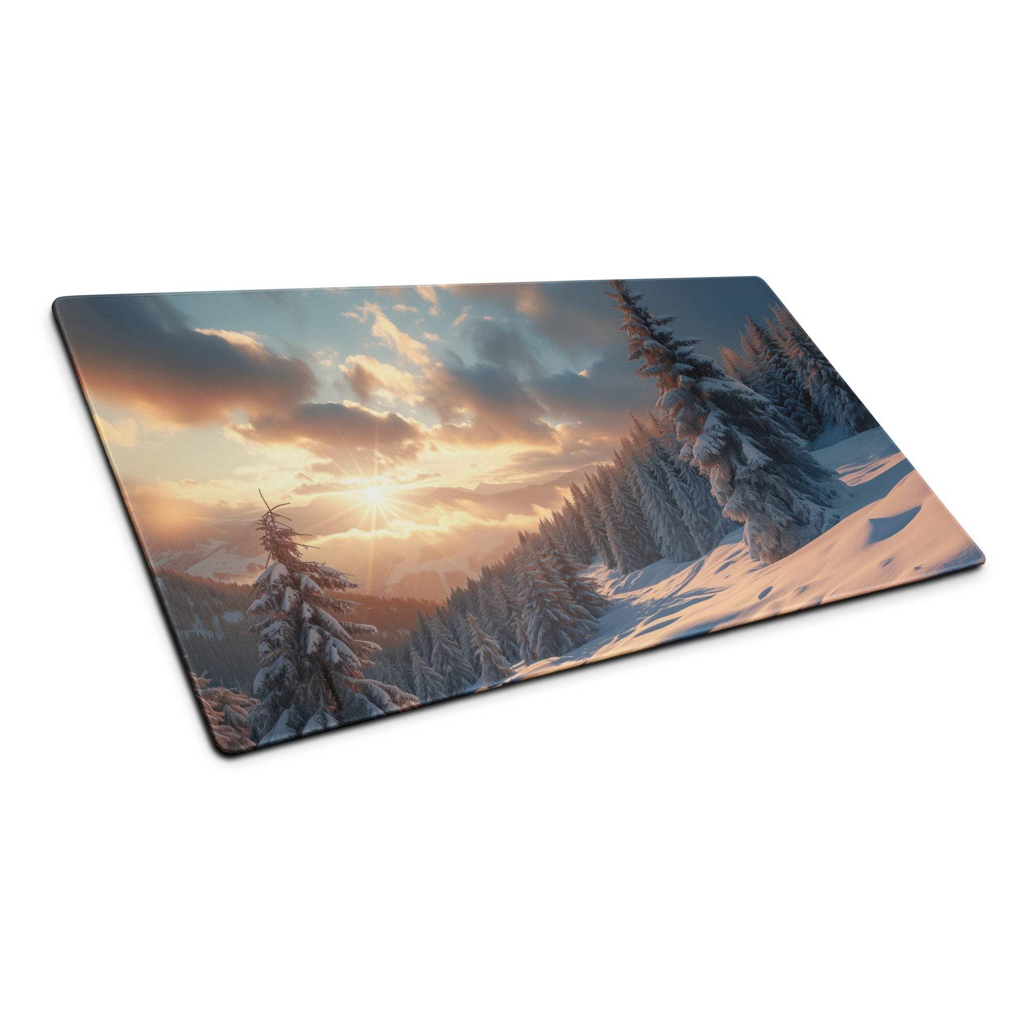 Cinematic snowy forest dawn mouse pad with warm sunset glow