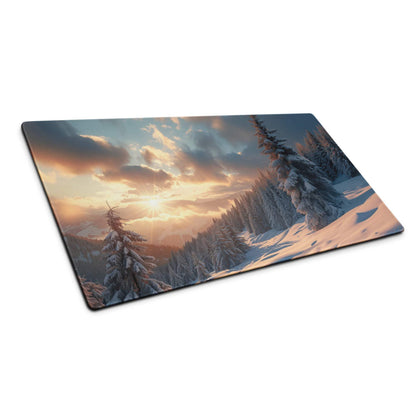 Cinematic snowy forest dawn mouse pad with warm sunset glow