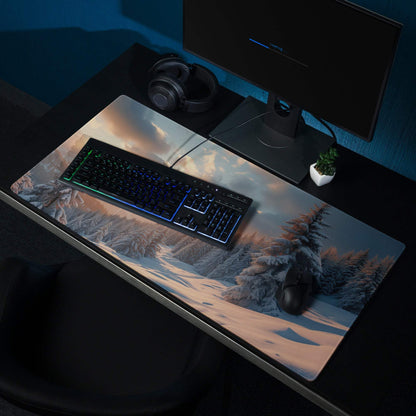 Cinematic winter mountain gaming mouse pad with snowy forest dawn and sunset glow