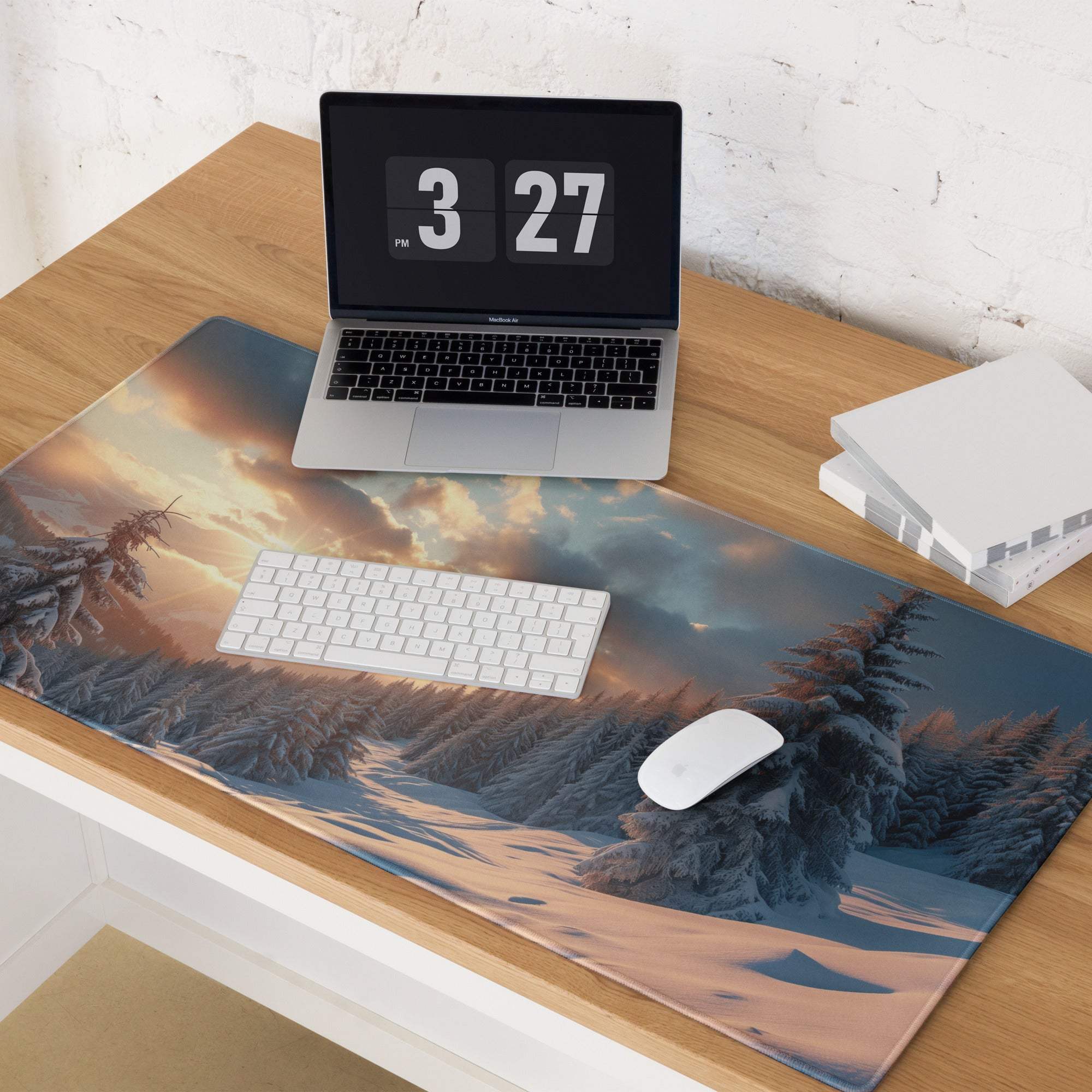 Cinematic winter mountain snowy forest dawn gaming mouse pad desk mat