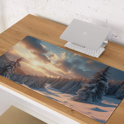 Cinematic winter mountain snowy forest dawn gaming mousepad with sunset glow
