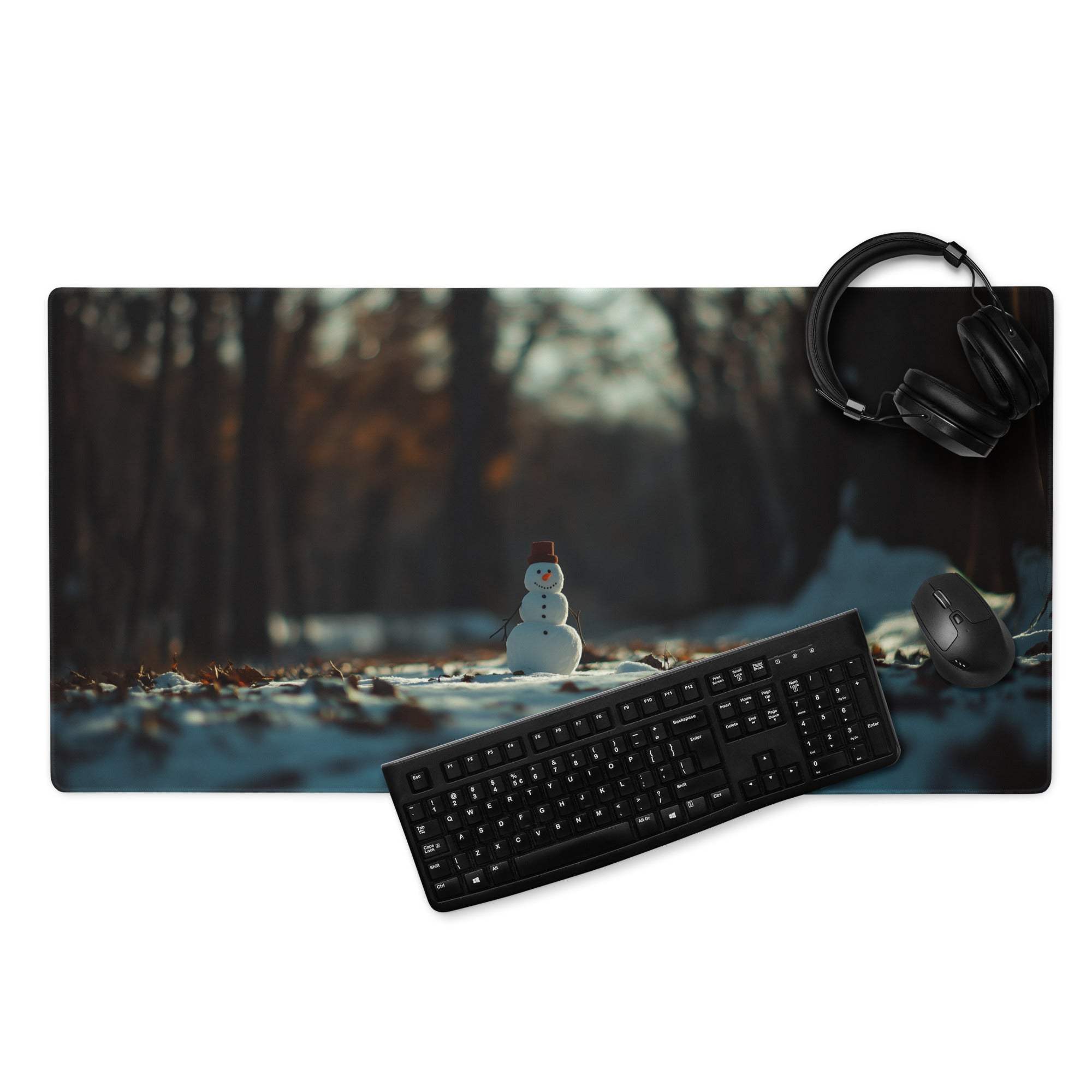 Black keyboard on Winter Forest Serenity snowman mousepad