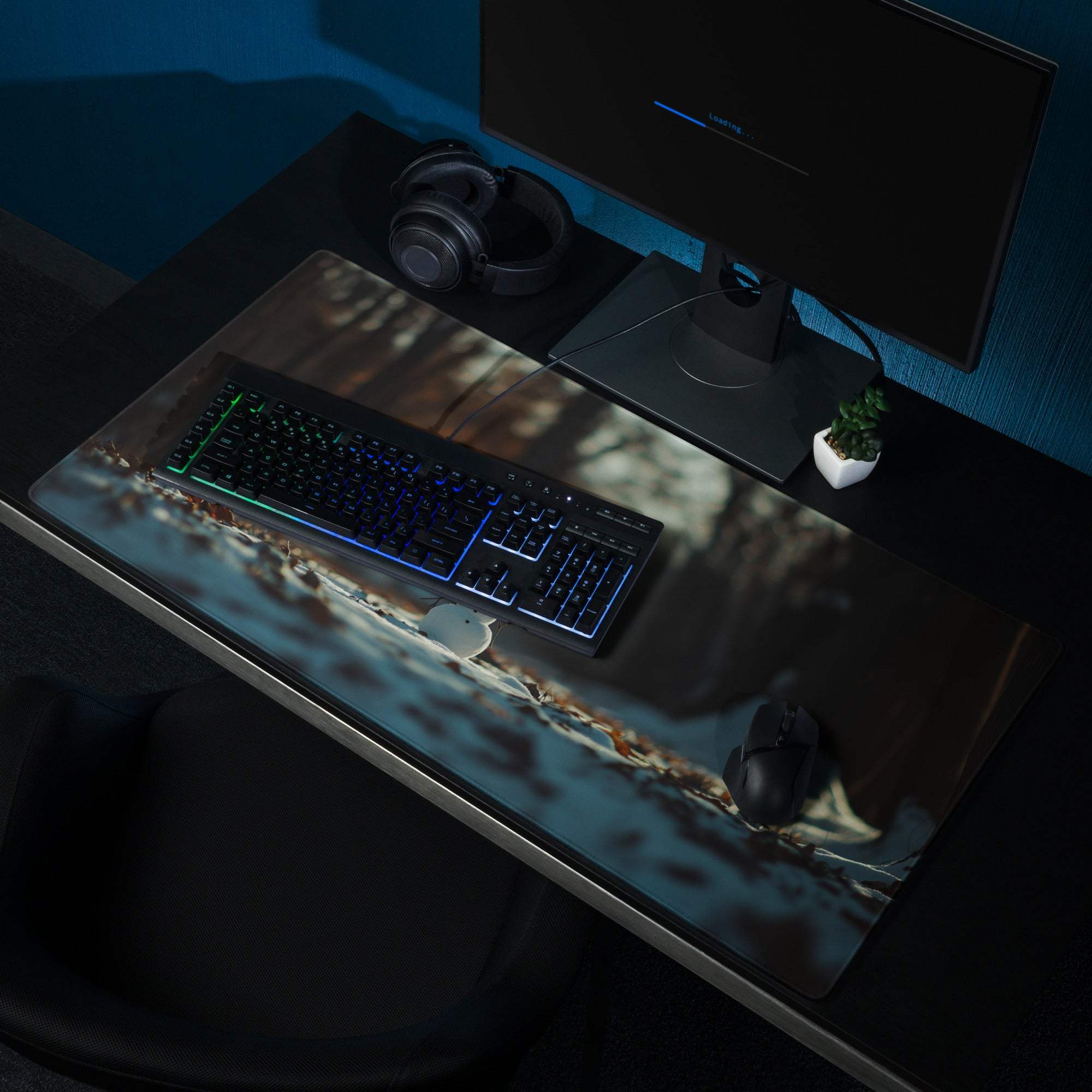 Winter Forest Serenity rustic gaming mousepad with weathered blue-brown metal texture