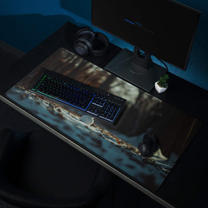 Winter Forest Serenity rustic gaming mousepad with weathered blue-brown metal texture