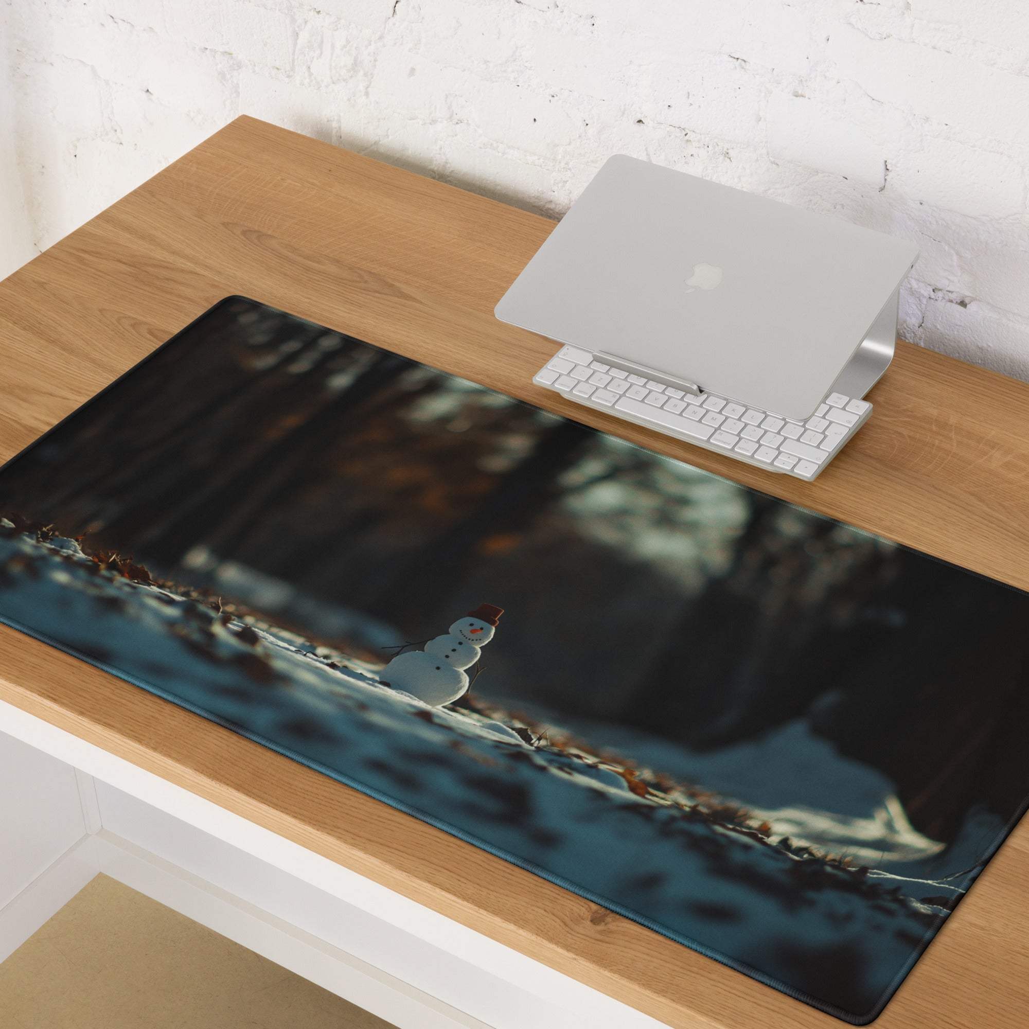 Winter Forest Serenity snowman gaming mouse pad in snowy forest