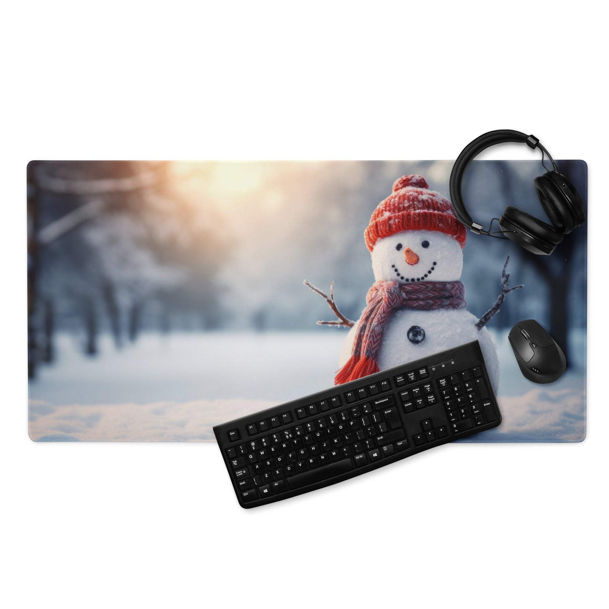 Festive snowman in red hat and scarf on large gaming mouse pad