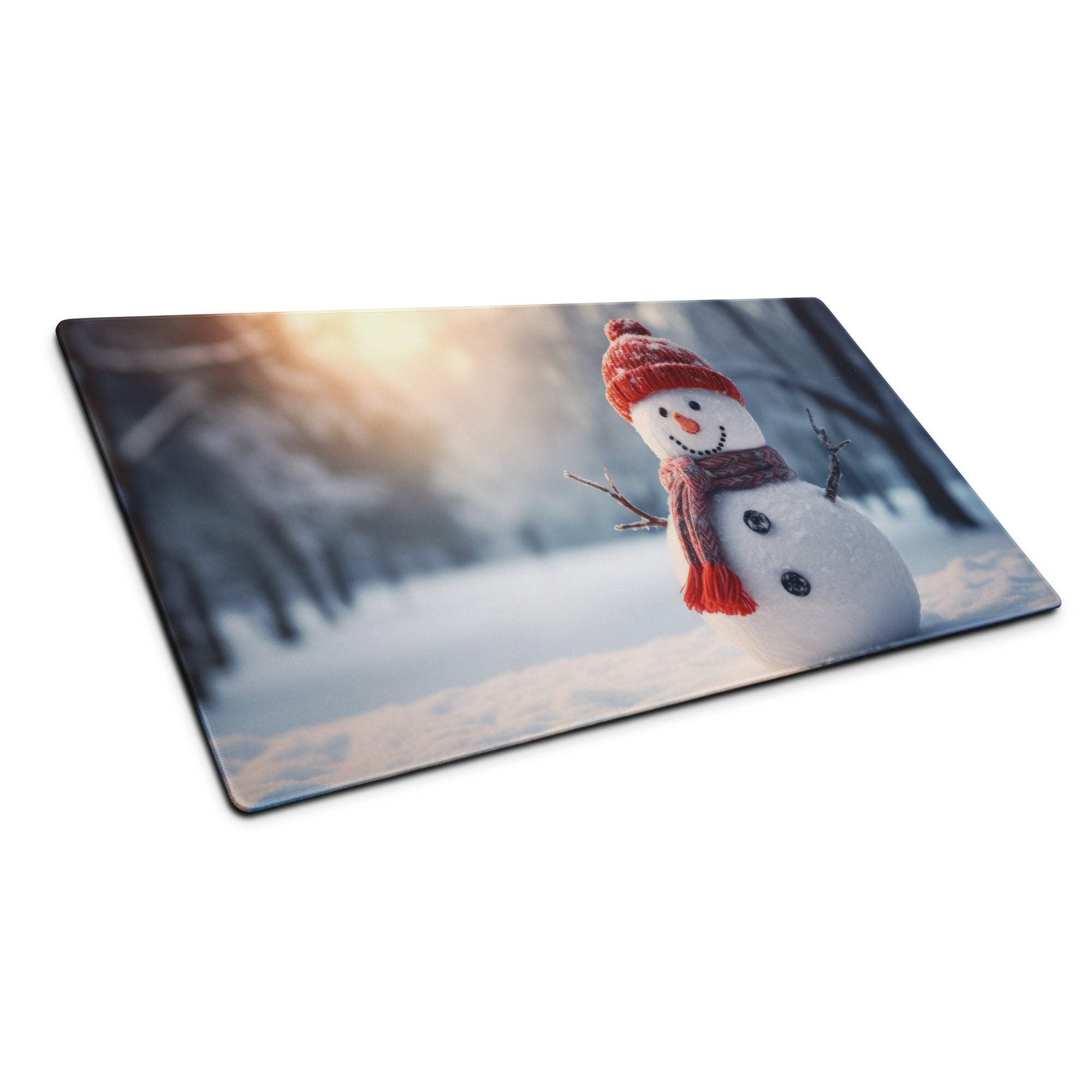 Snowman glass cutting board with red hat scarf on snowy backdrop