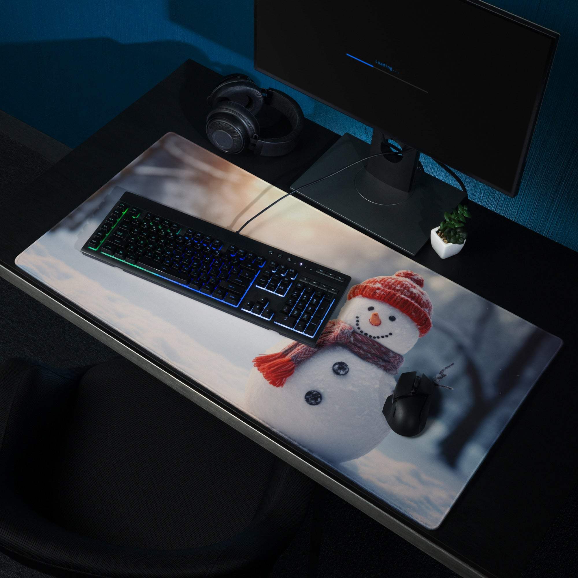 Festive snowman gaming mouse pad with red hat scarf winter scene