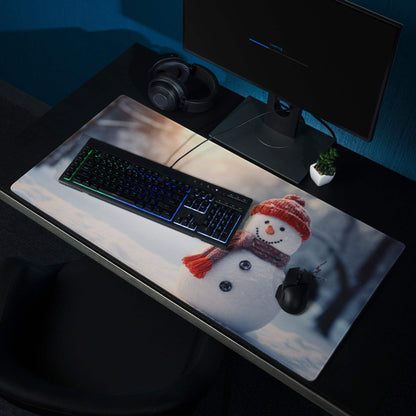 Festive snowman gaming mouse pad with red hat scarf winter scene