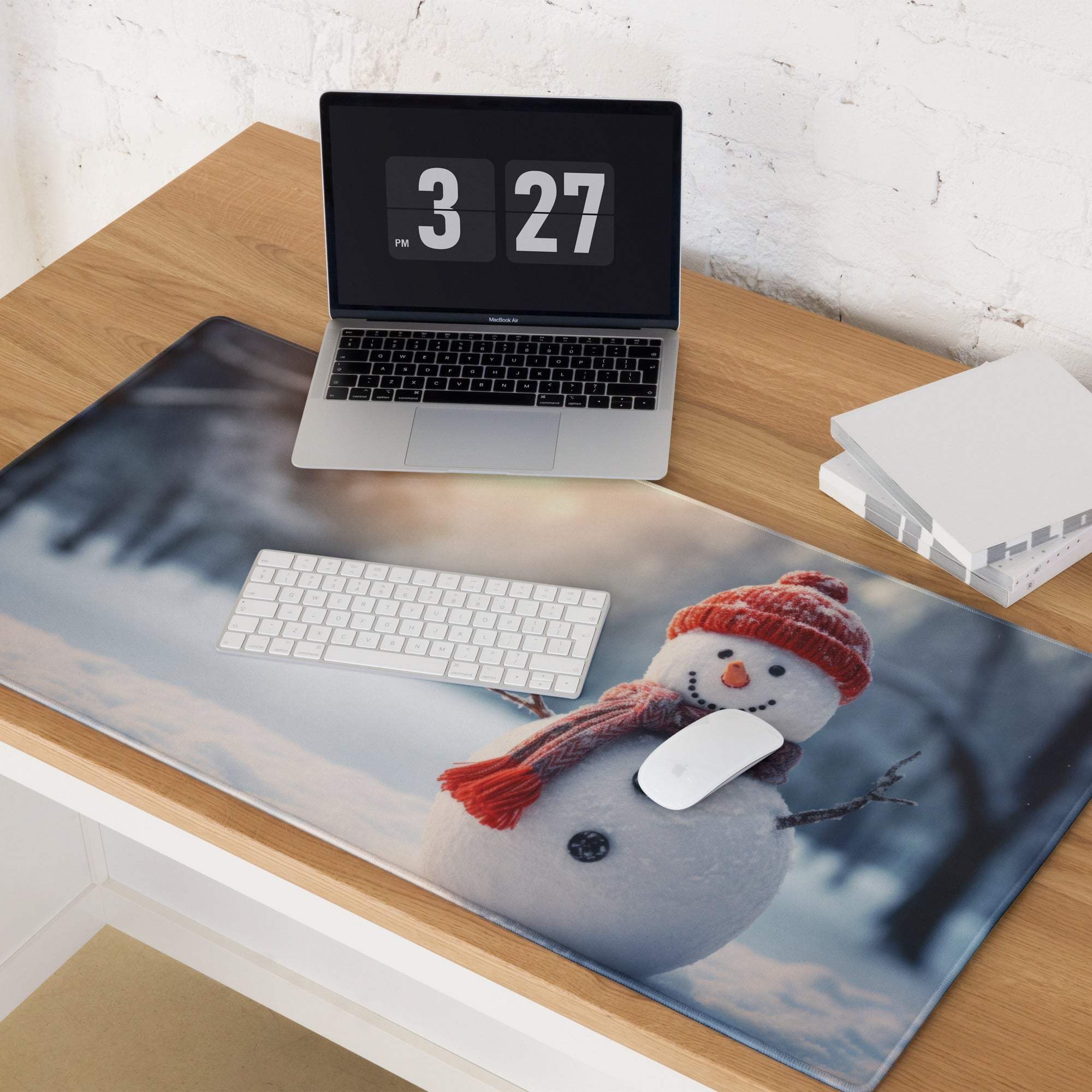Cozy snowman gaming mouse pad with knit red hat scarf on snowy backdrop