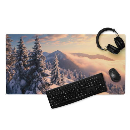 Epic Snowy Mountain Sunset gaming mouse pad with winter pines