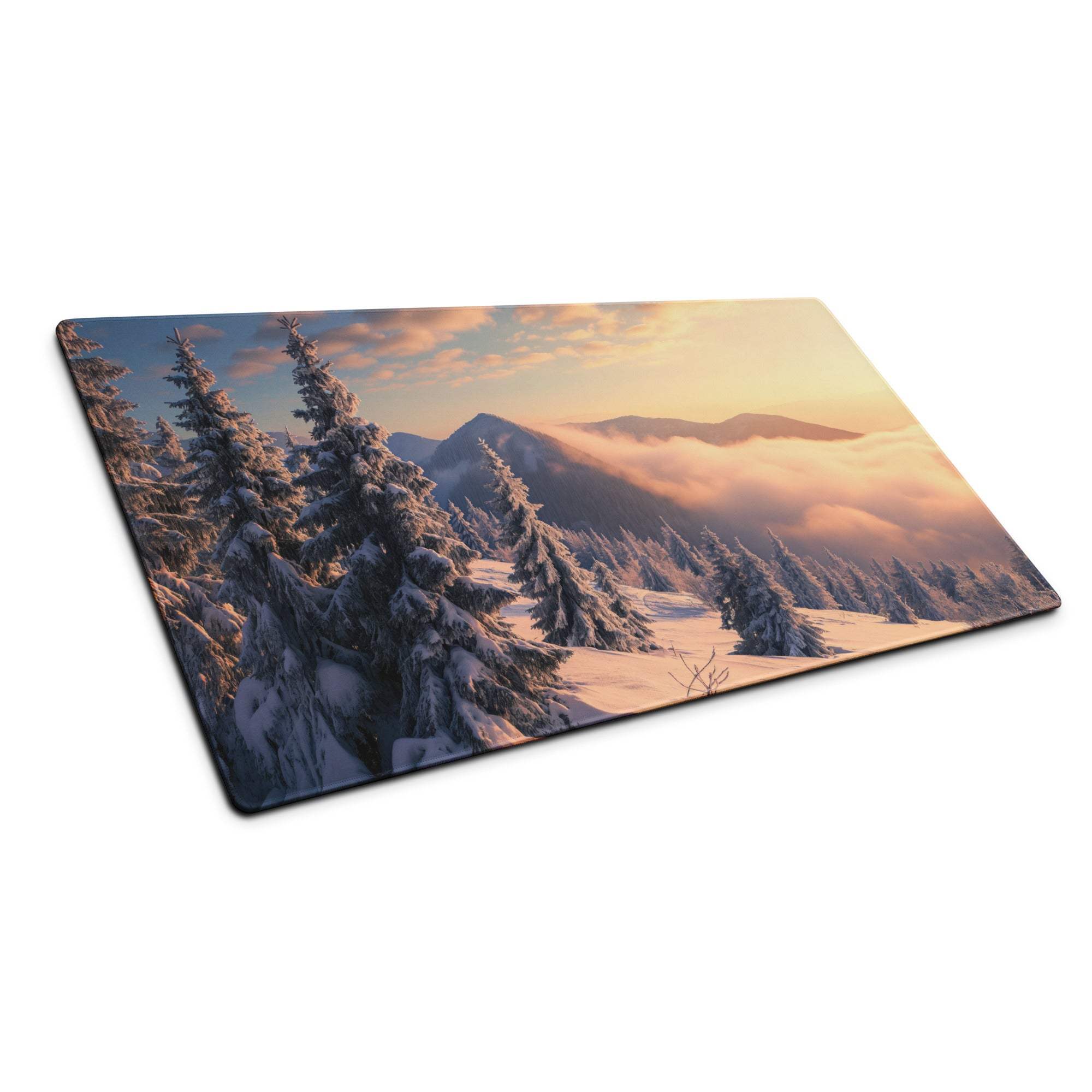 Epic snowy mountain sunset rectangular pine forest gaming mouse pad