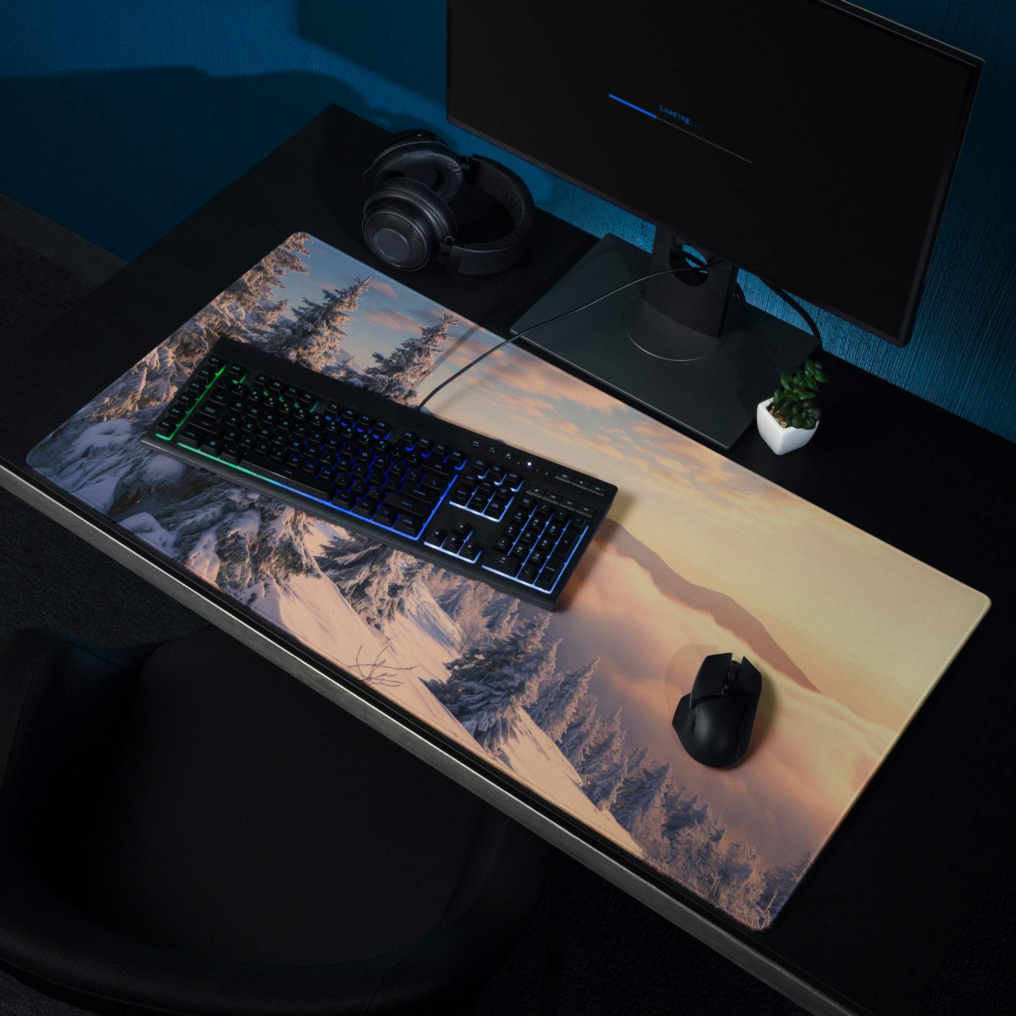 Epic Snowy Mountain Sunset large gaming mouse pad with non-slip base