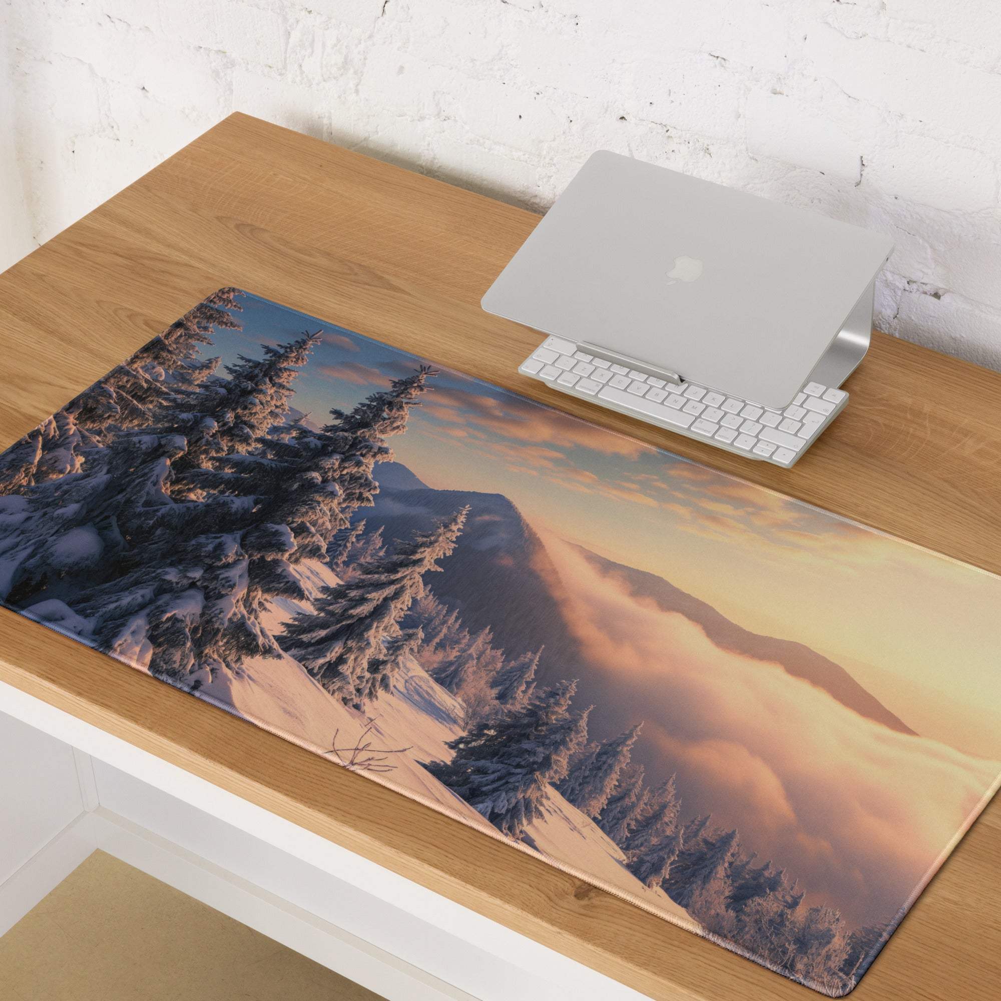 Epic Snowy Mountain Sunset large gaming mouse pad with winter landscape