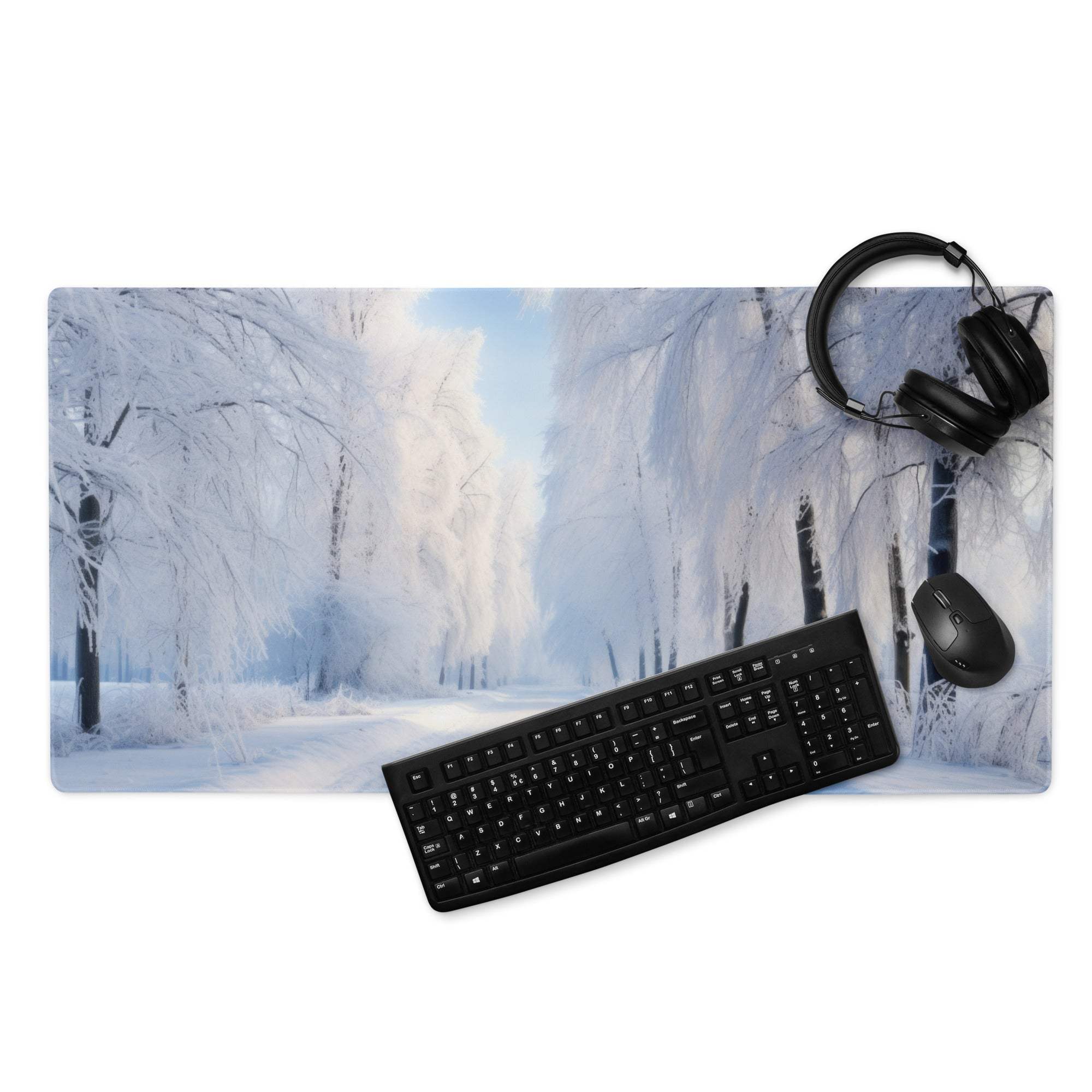 Large winter blue forest gaming mouse pad with serene snow scene, non-slip base