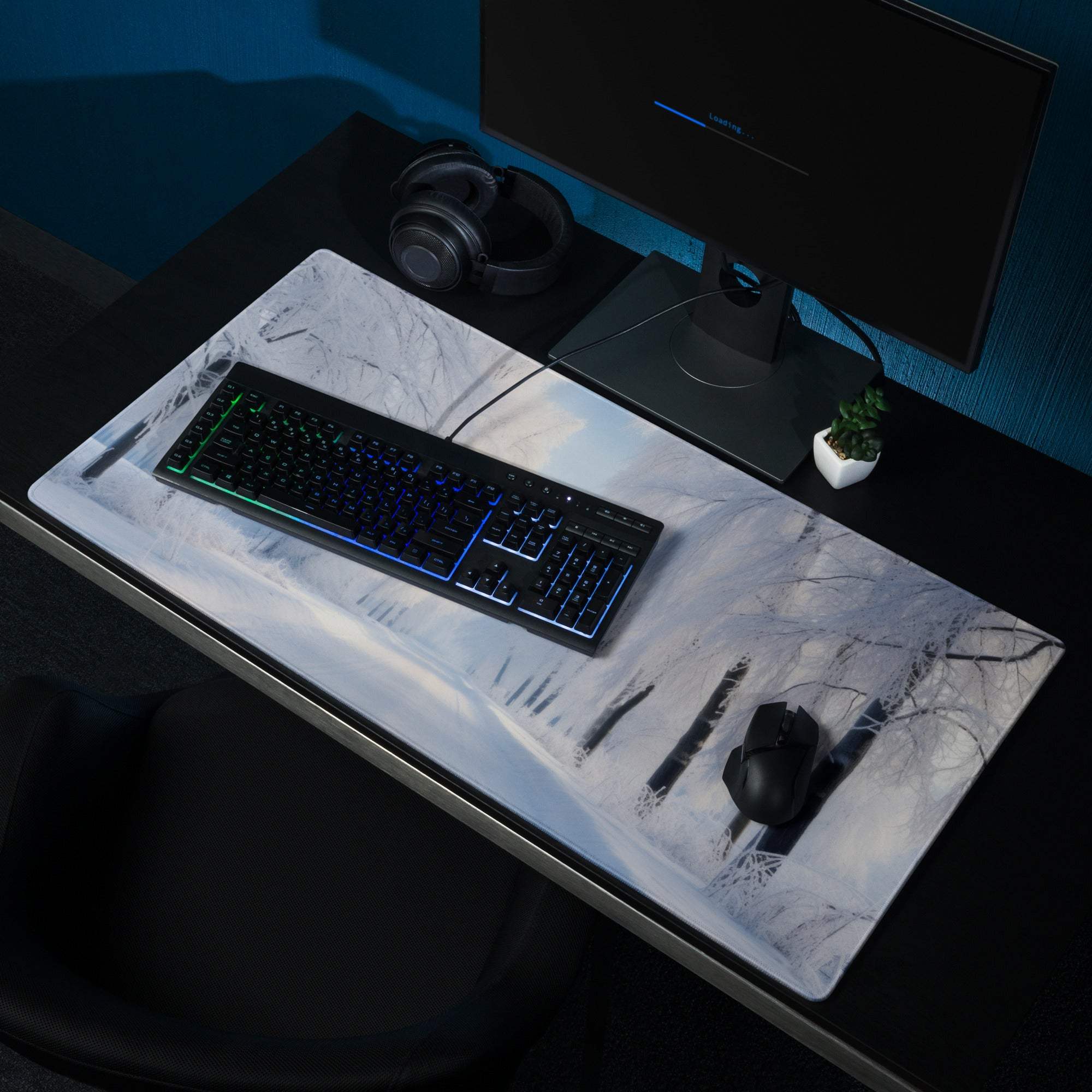 Winter blue forest large gaming mousepad with white marble pattern and black trees