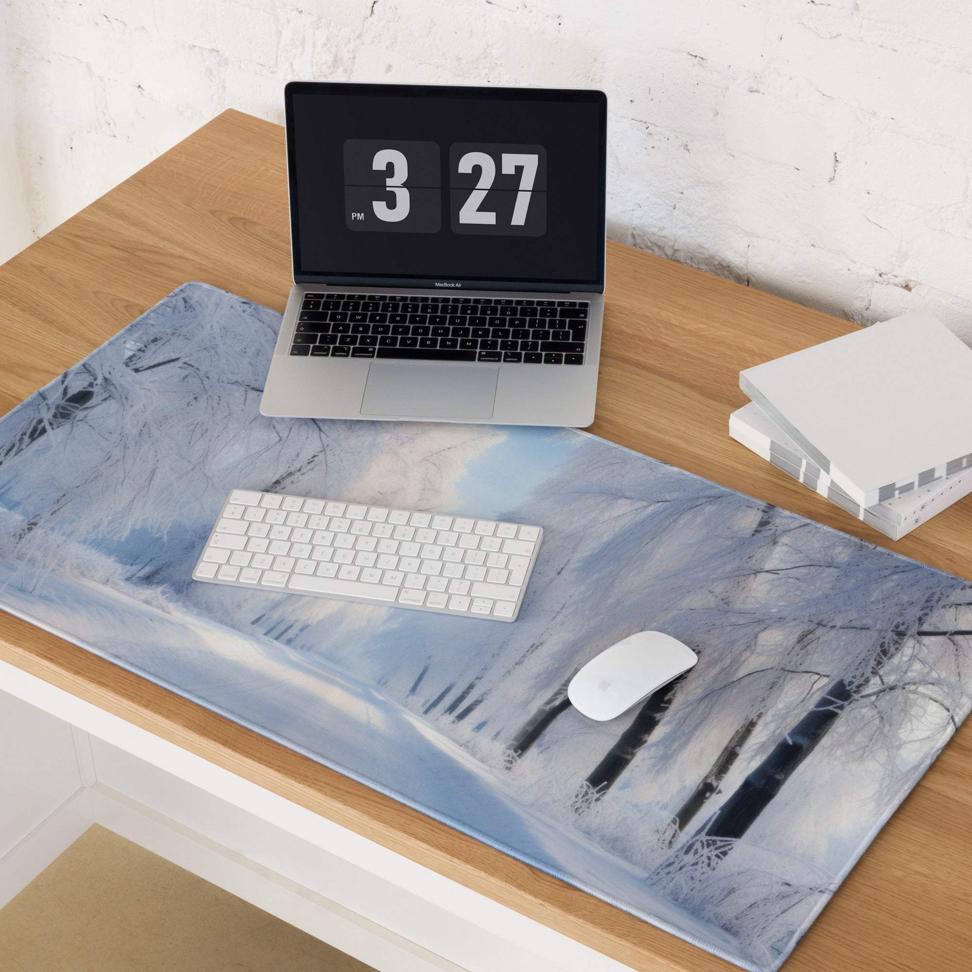 Large Winter Blue Forest gaming mouse pad with non-slip base and stitched edges
