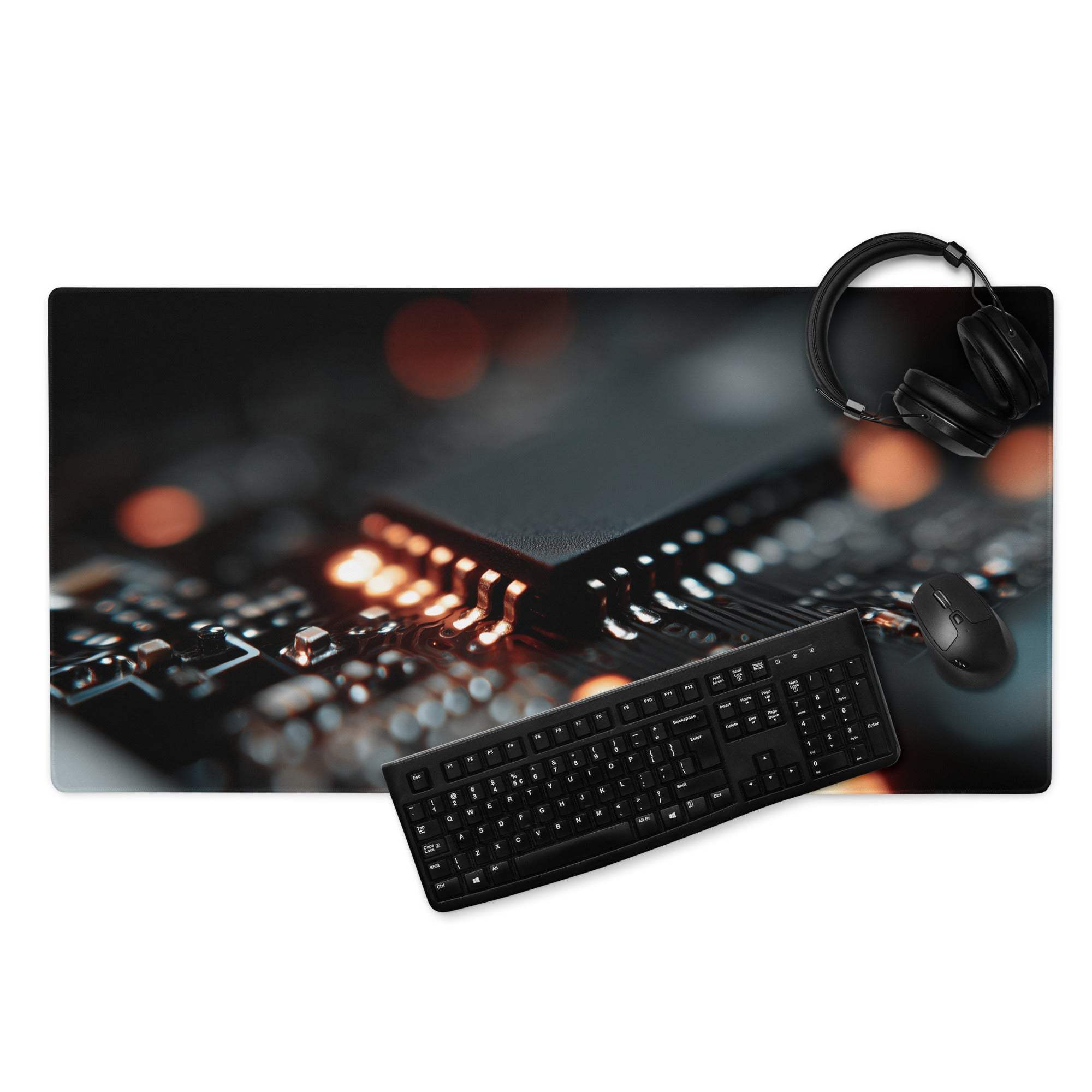 Premium large dark gaming mouse pad with glowing circuit board print