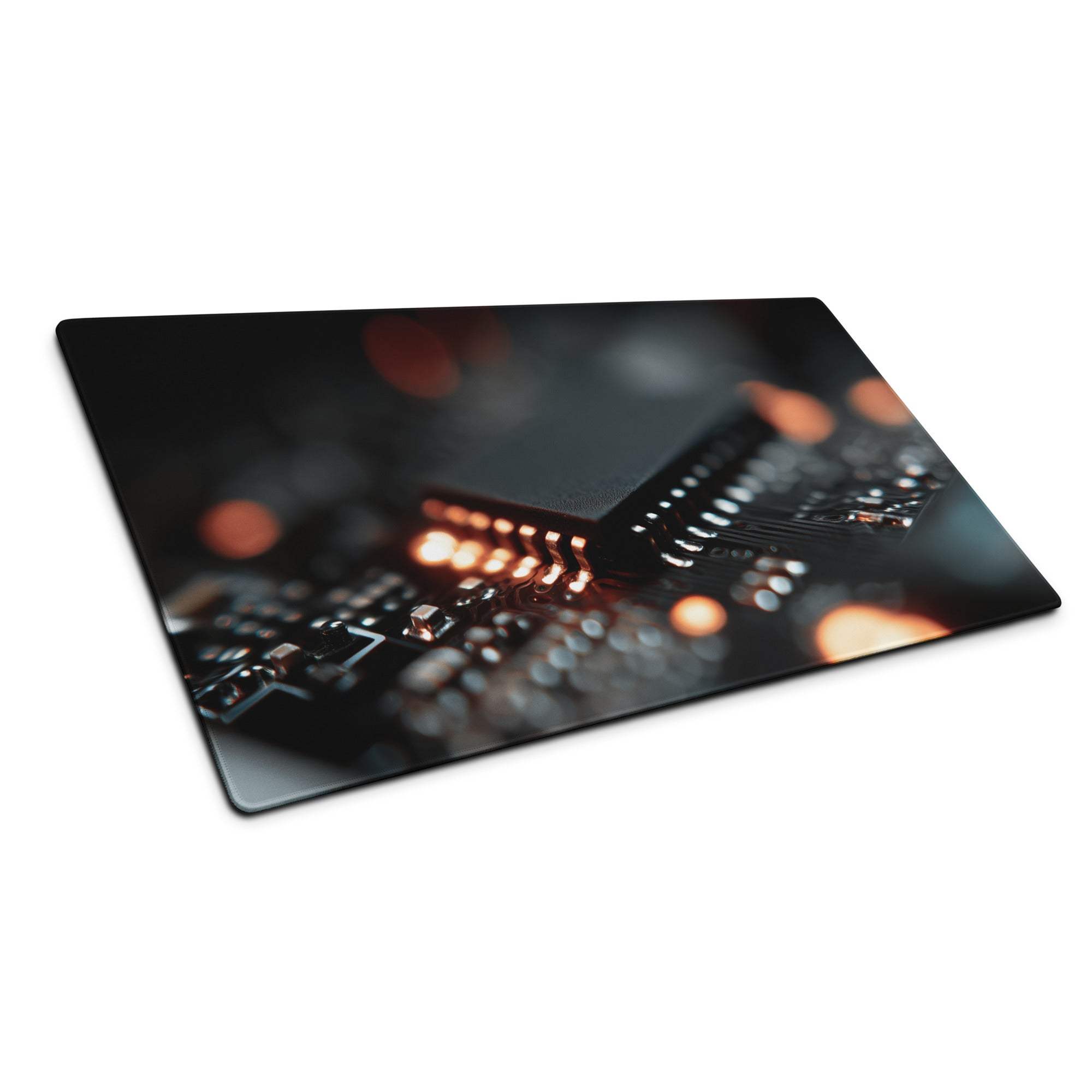 Black circuit board cutting board with glowing orange white LEDs on gaming mouse pad