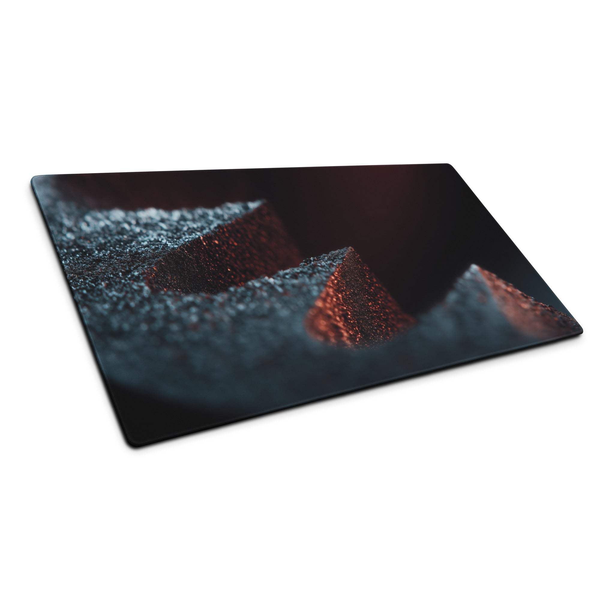 Premium Midnight Ember gaming mouse pad with dark textured mountain surface