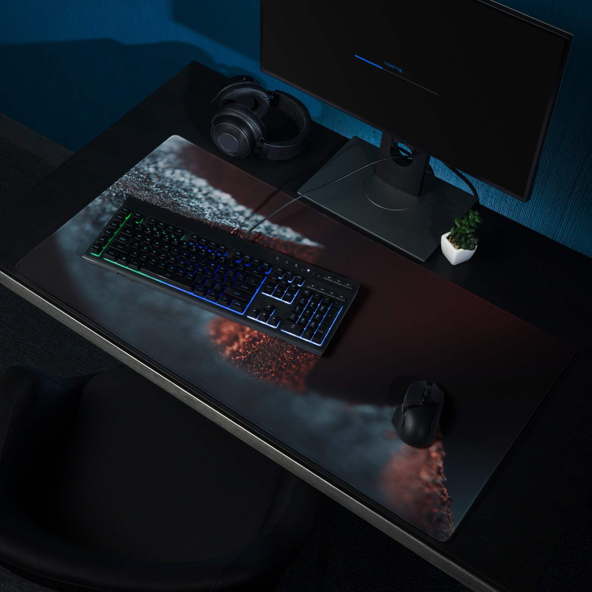 Premium Midnight Ember extended gaming mouse pad with cosmic red gray swirls