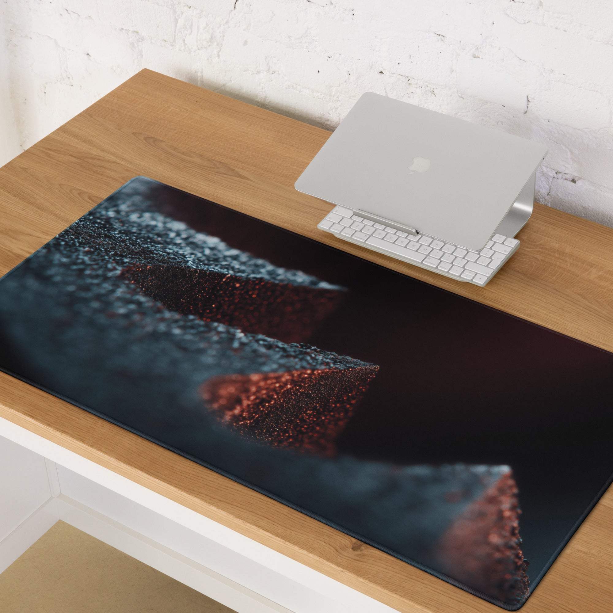 Premium Midnight Ember extended gaming mouse pad with glowing red blue abstract design