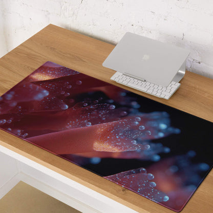 Neon Nebula large non-slip stitched gaming mousepad with vibrant swirling reds, blues, purples, droplets