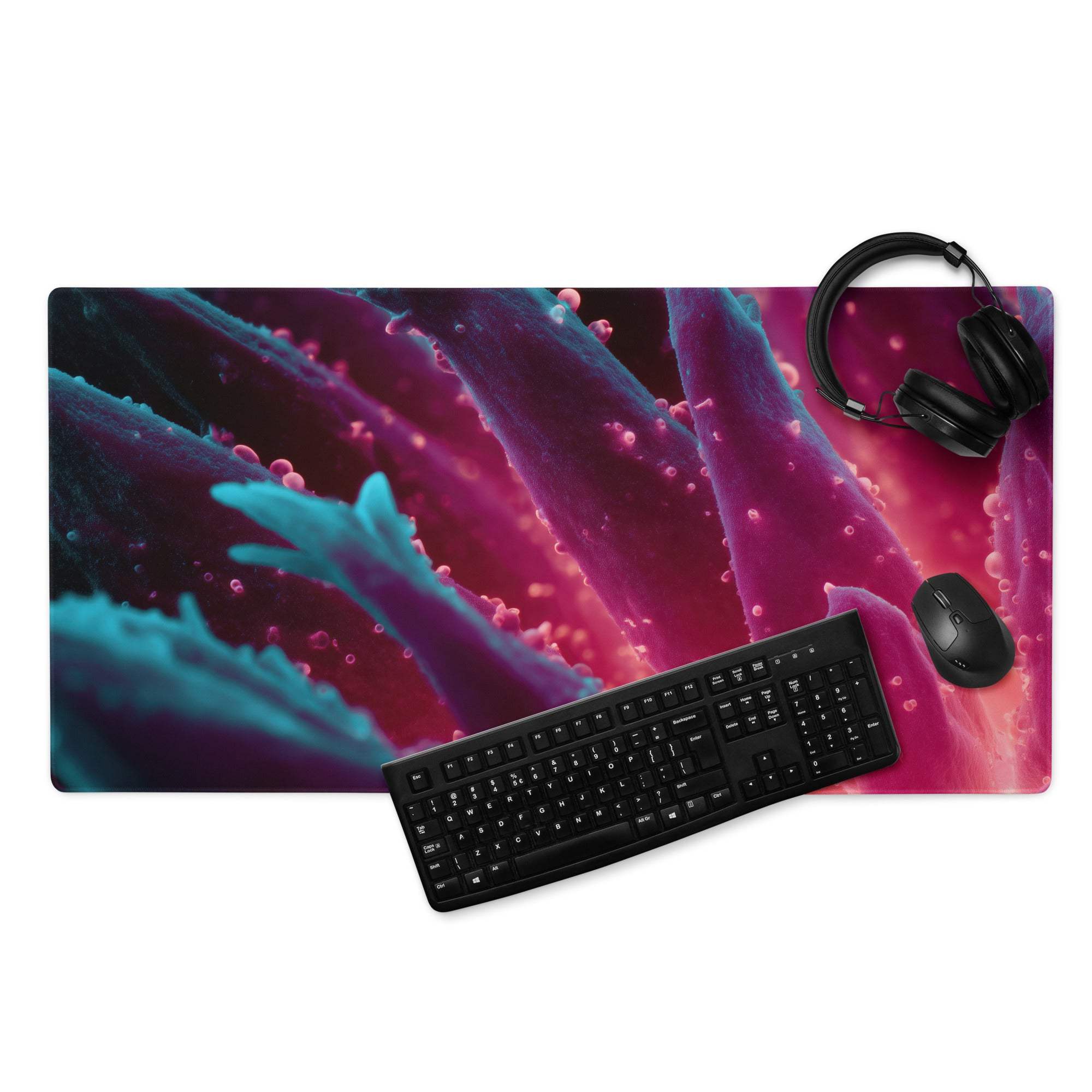 Vibrant pink teal abstract cellular gaming mousepad with black keyboard mouse