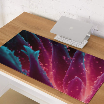Vibrant pink teal leaf patterned gaming mousepad glossy non-slip stitched
